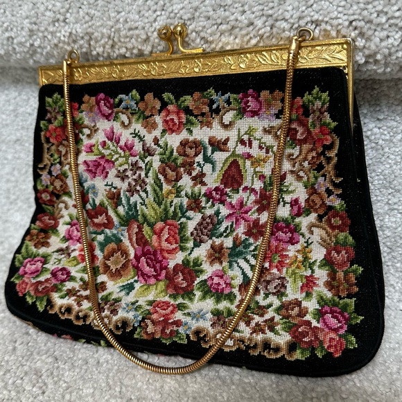 Handbags - Vintage Black Floral Petite Point/Needle Point Handbag Purse